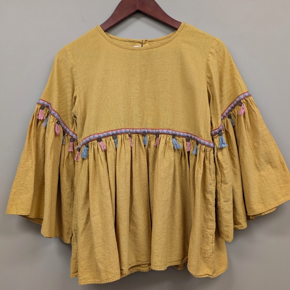 Pinnacle By Shruti Sancheti Boho Bell Sleeve Mustard Yellow Top Medium